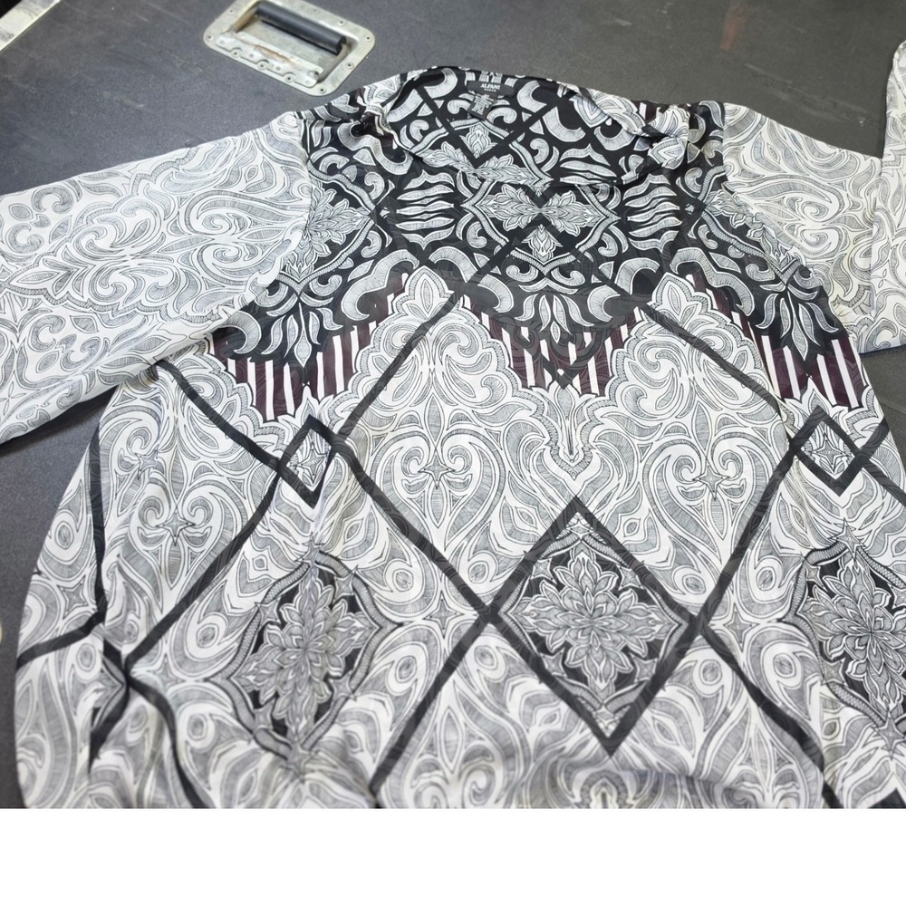 Alfani Woman Black White Geometric Scroll Print Sheer Blouse Indie Baroque  3X